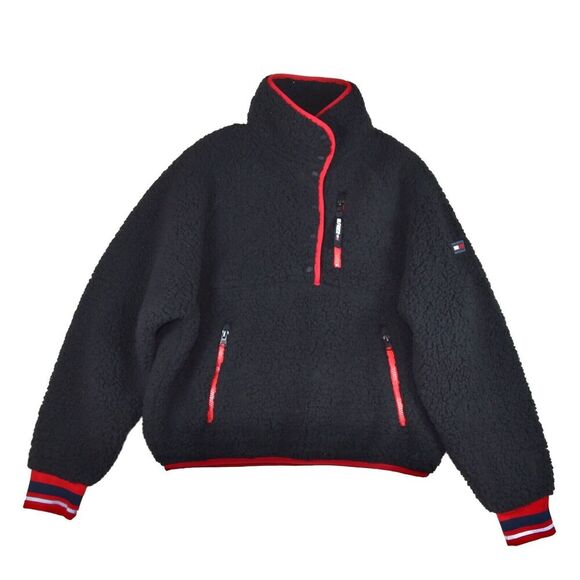 TOMMY HILFIGER Sport Womens 1/4 Snap Sherpa Sweater Medium Black Pullover Crop - Picture 1 of 7
